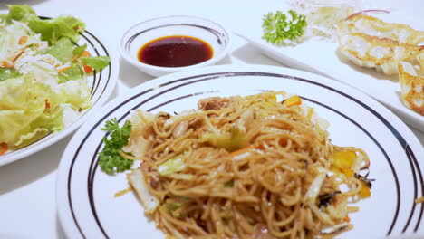 panning from the left to the right on a meal served in a restaurant, a plate of salad, stir-fried noodles, and fried dumplings