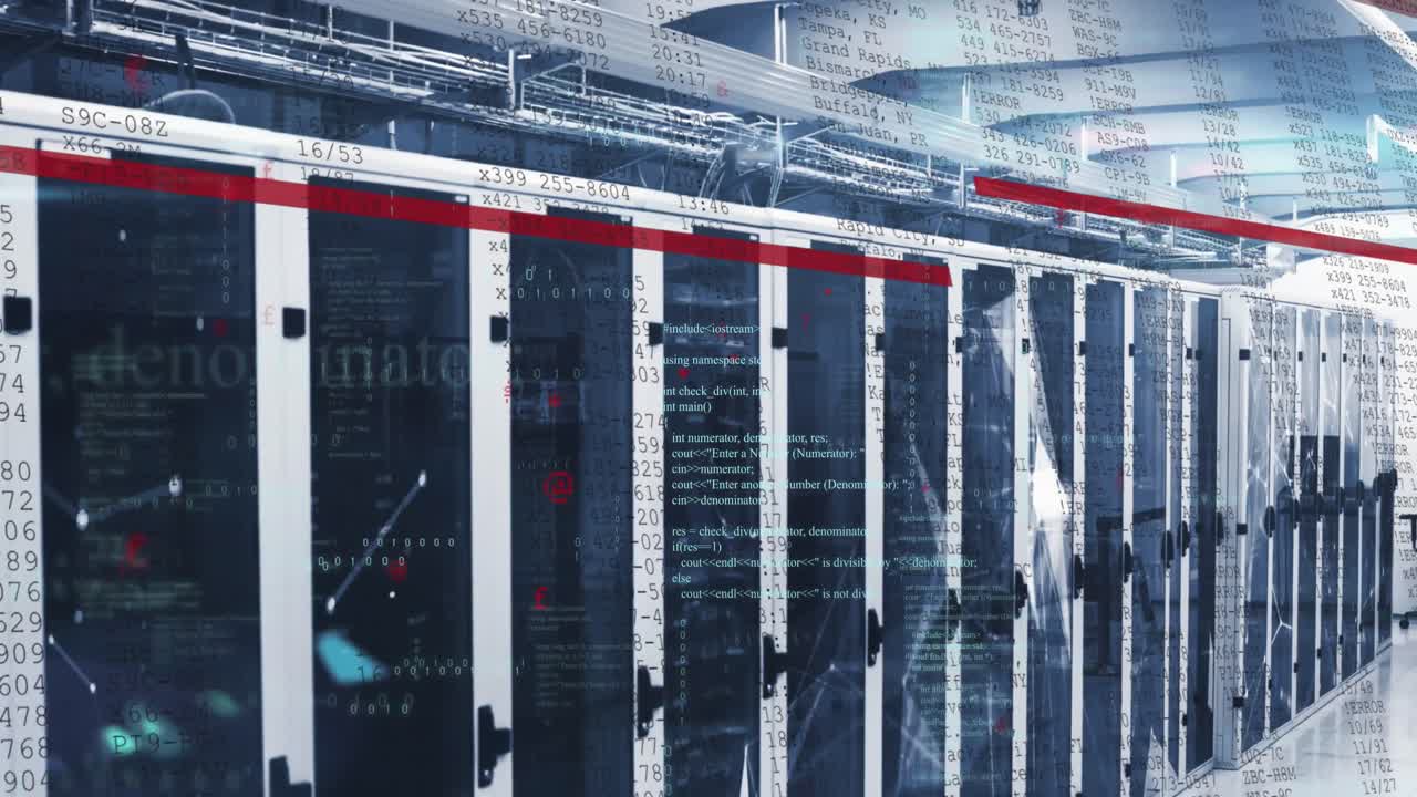 animación de procesamiento de datos y redes plexus contra la sala de servidores de computadoras