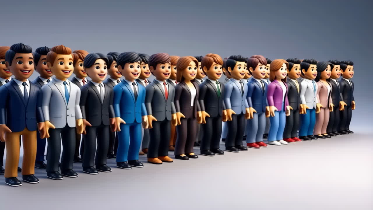 A diverse group of smiling 3D cartoon business figures standing together