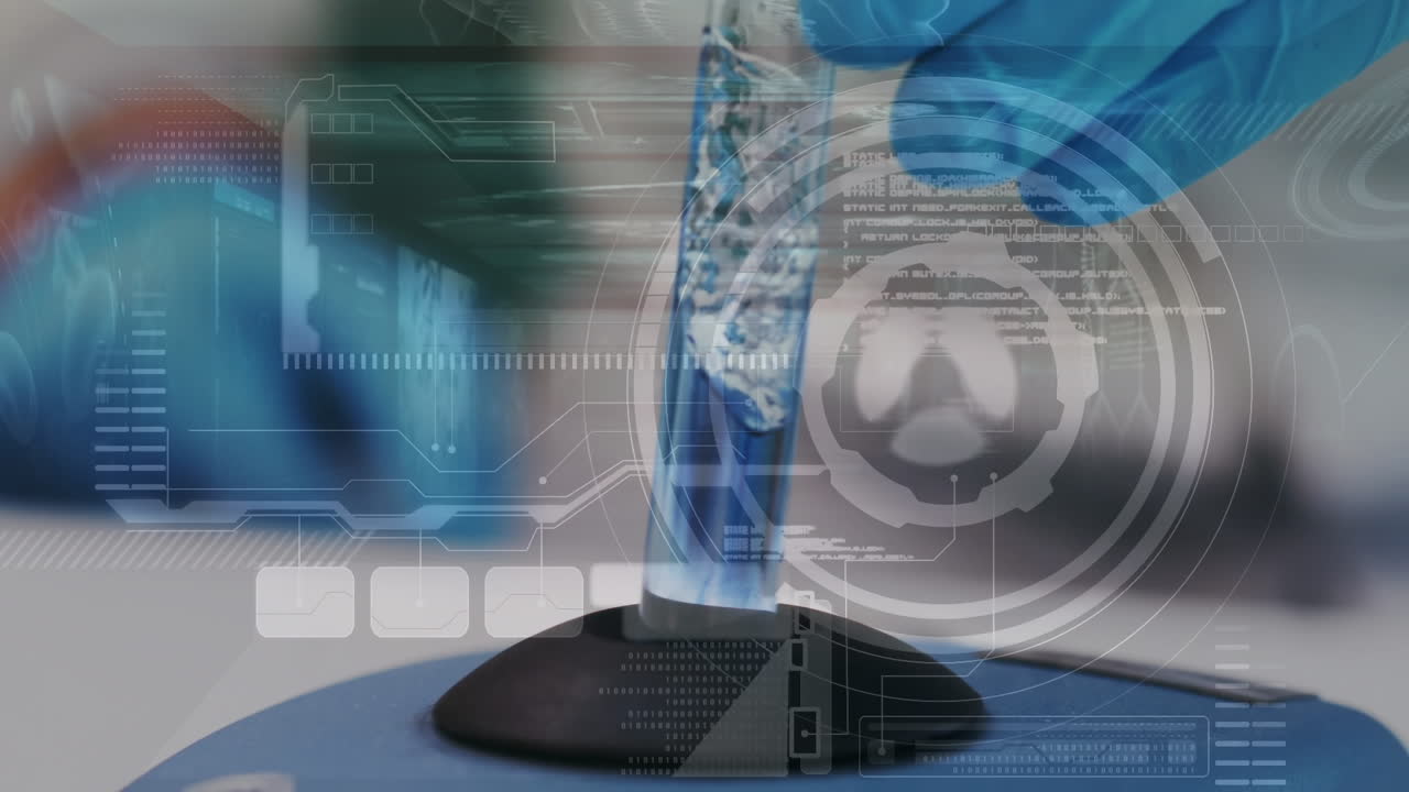 animación de escaneo de alcance y procesamiento de datos sobre científico caucásico en el laboratorio