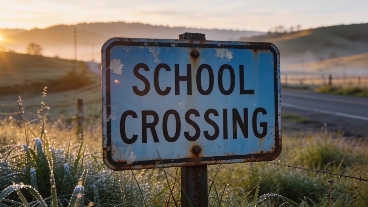 Camera framing weathered SCHOOL CROSSING sign at dawn, low sun rising, emphasizing rust and dew
