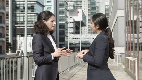 professional businesswomen talking on street