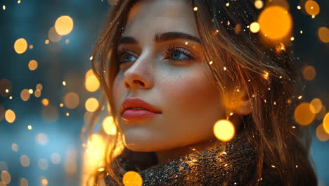 young woman surrounded by glowing lights in an evening setting