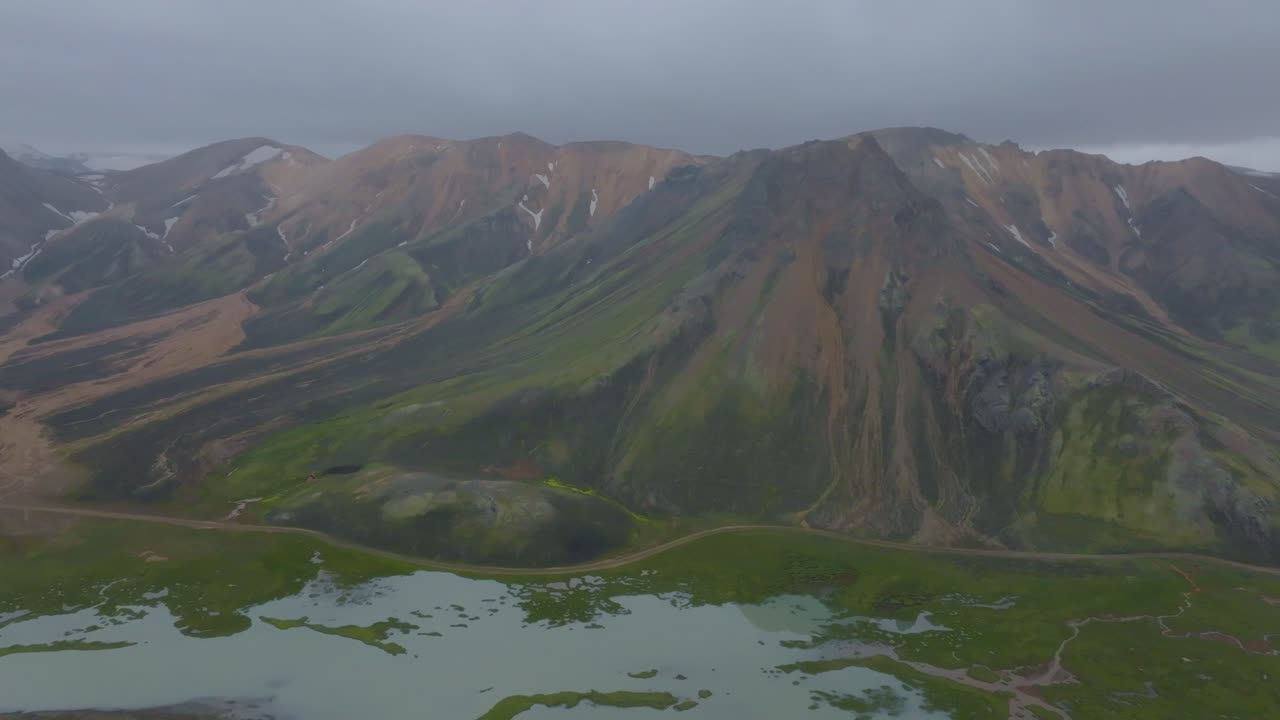 Landmannalaugar region in the Iceland Highlands vibrant rhyolite mountains, aerial dorne