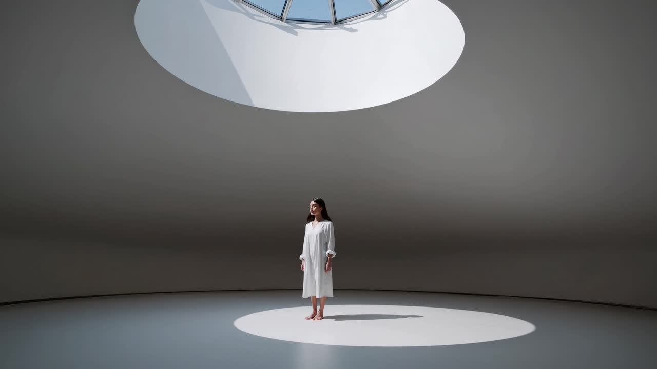 Serene young woman in a flowing white dress meditating peacefully under a circular skylight, embracing the calming natural light and tranquility of a modern minimalistic space