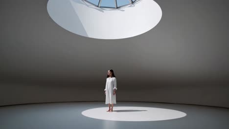 serene young woman in a flowing white dress meditating peacefully under a circular skylight, embracing the calming natural light and tranquility of a modern minimalistic space