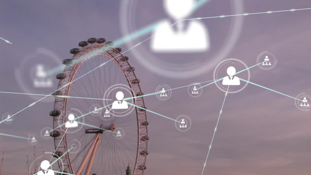 런던 시내 풍경 위의 아이콘과 연결된 네트워크의 애니메이션