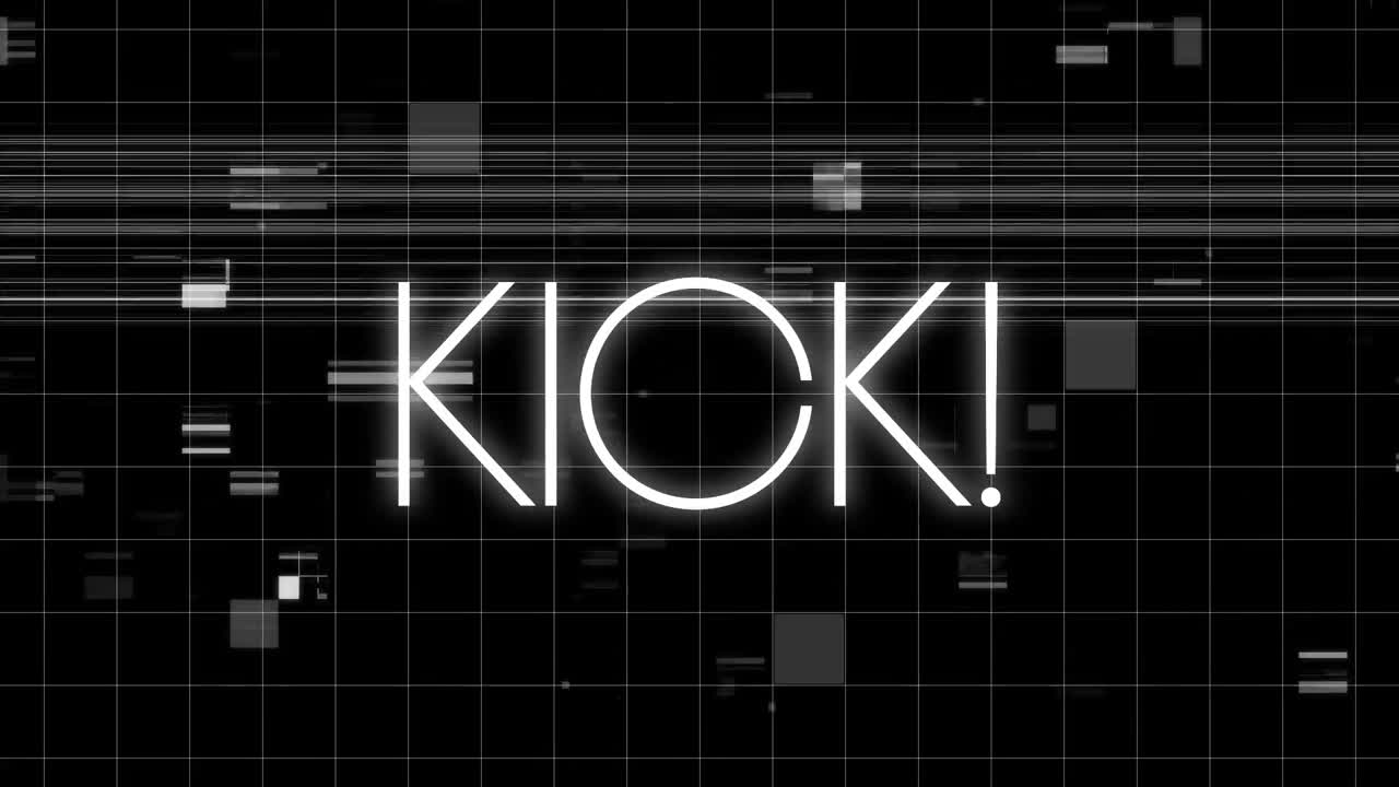 Animation of kick text in white over data processing and interference on black background