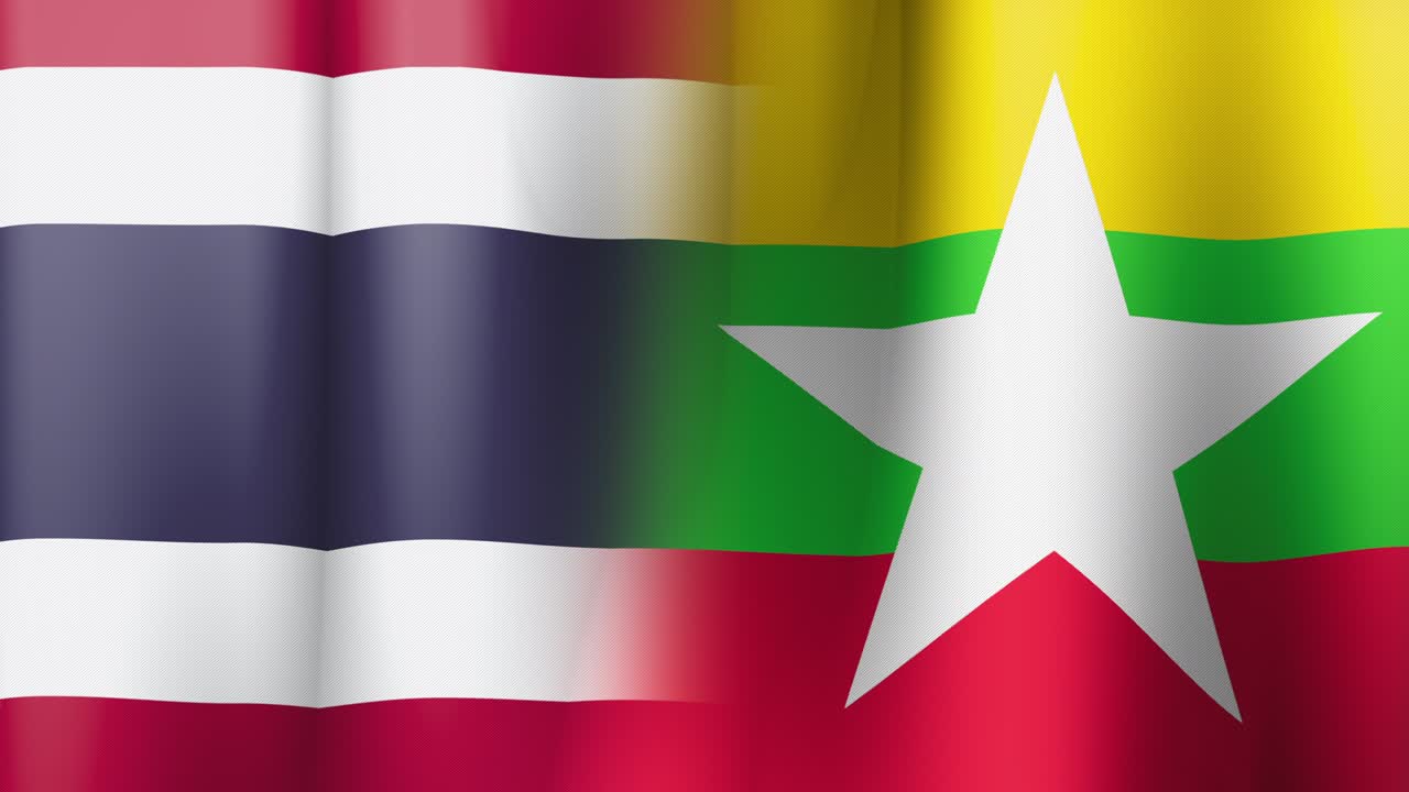 Thailand and Myanmar flags with seamless clip of waving. Southeast asia alliance. 3D modeling. Flag with texture of fabric.