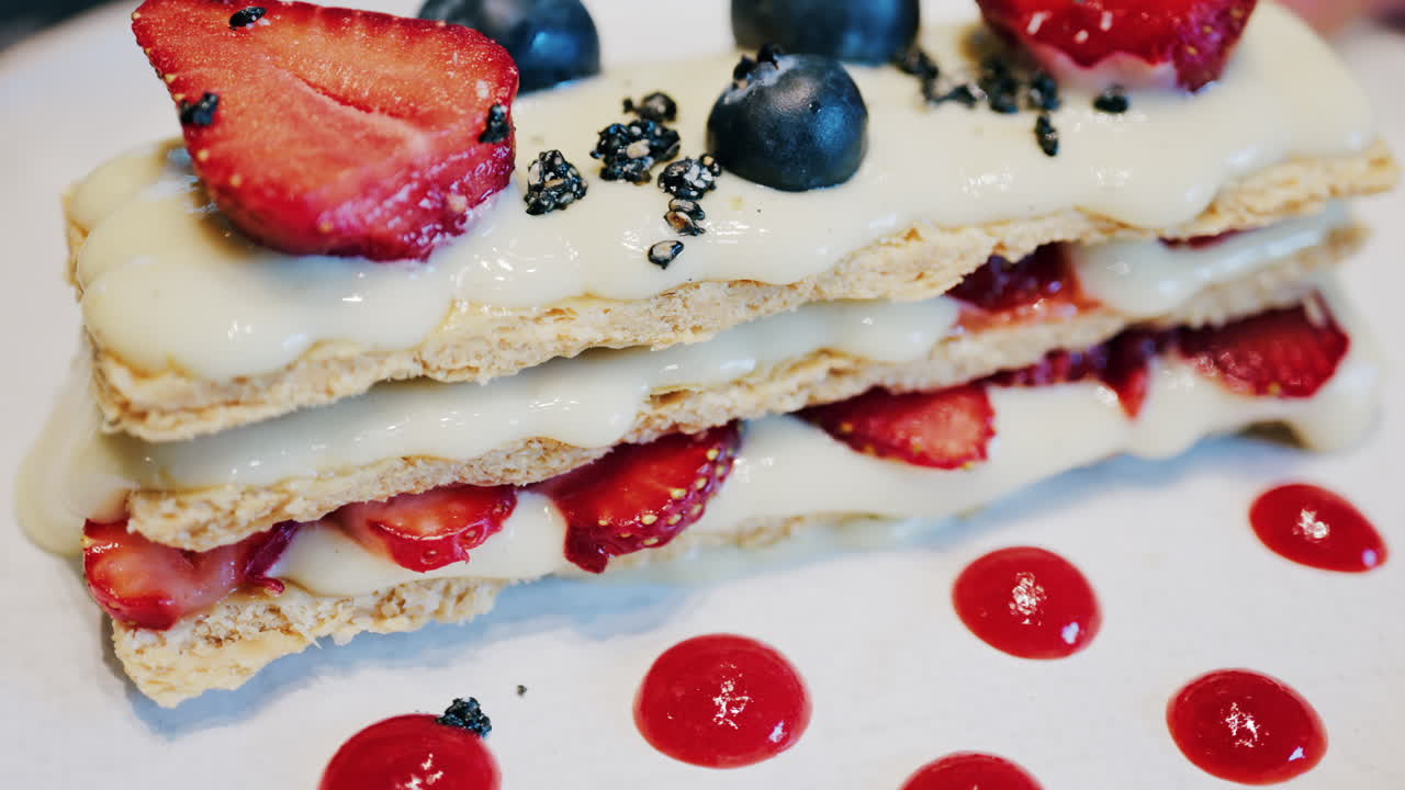 Close up of a Napoleon cake with strawberries and blueberries on a white plate at a cafe