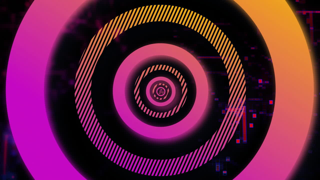 Animation of glowing mesh light spots moving over neon circles on black background