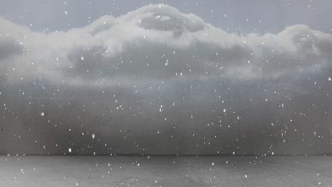 Animation-of-snow-falling-in-seamless-loop-over-clouded-sky-in-background