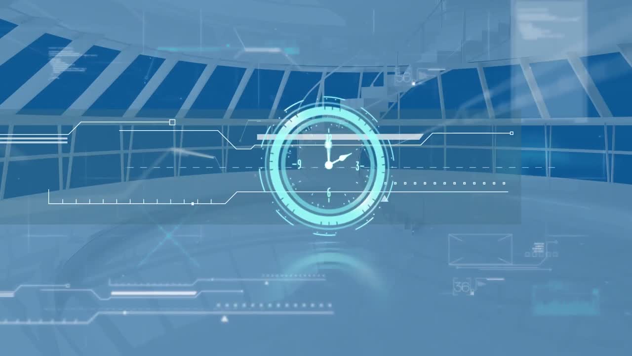 움직이는 시계의 애니메이션과 백그라운드에서 사무실에서 다양한 데이터 처리