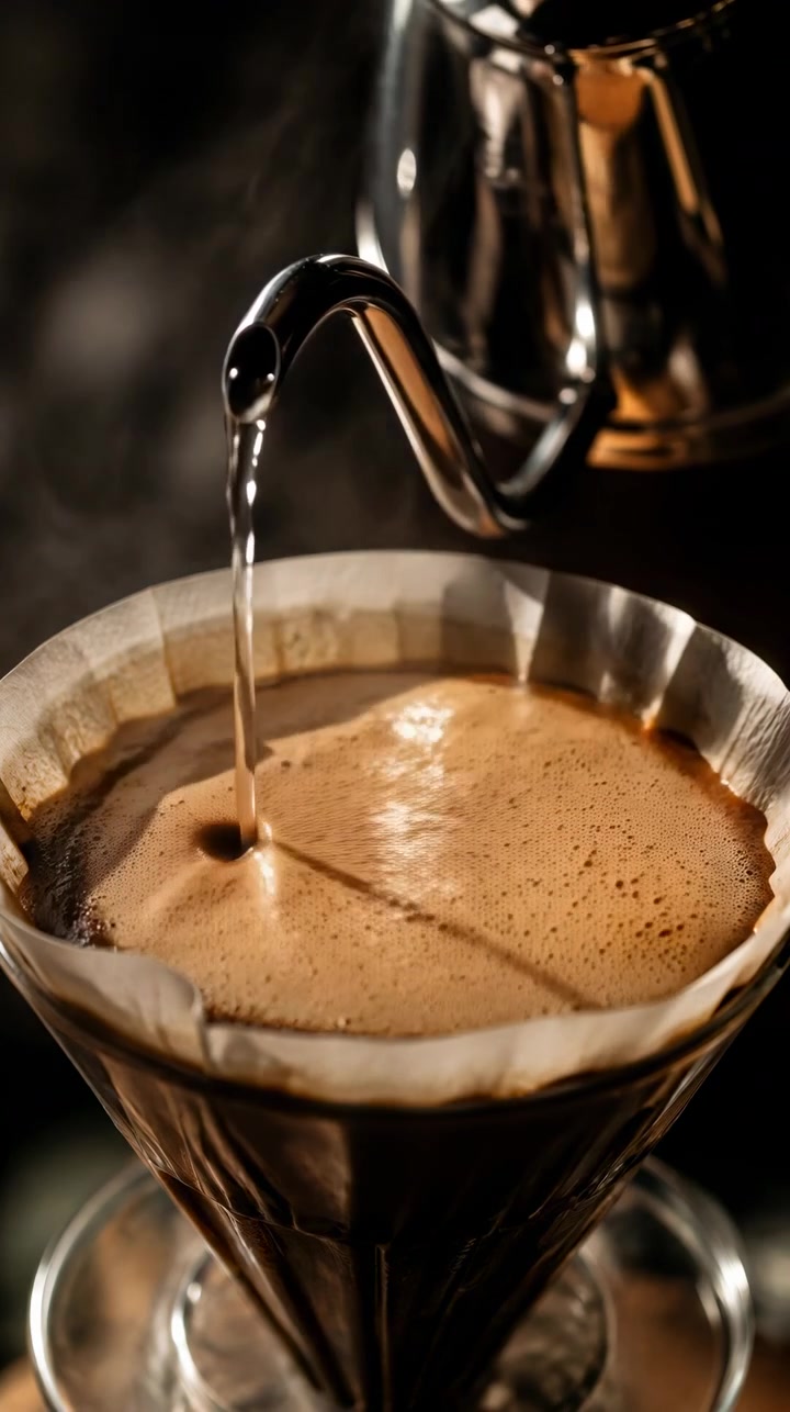 Flydende kaffe strømmer jævnt ned i et papirfilter inde i en glasdrypper, skifter overfladetekstur med bobler og blide krusninger, mens en metallisk tud reflekterer varmt lys i en mørk baggrundskomposition.