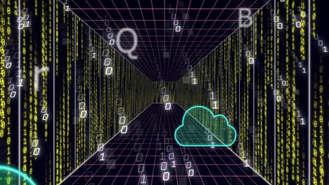 cloud computing animation over digital data stream in futuristic tunnel