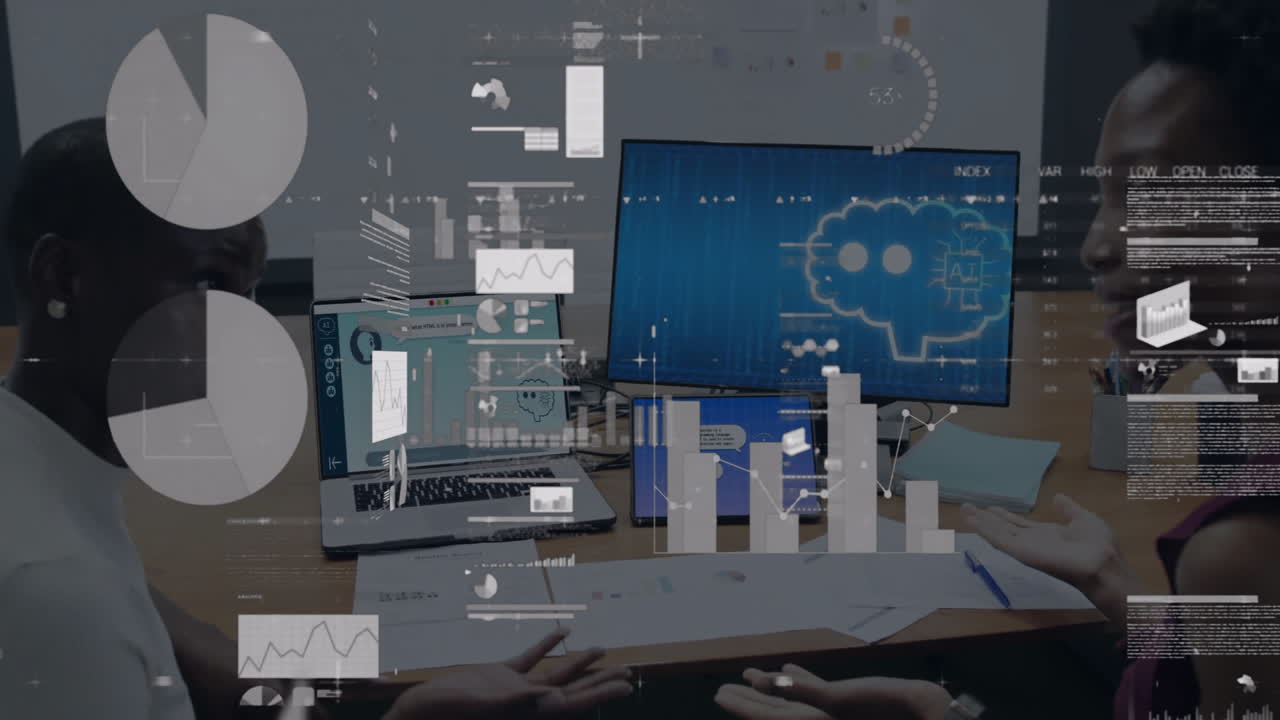 análisis de datos y animación de tecnología de ia en reuniones de negocios en la oficina