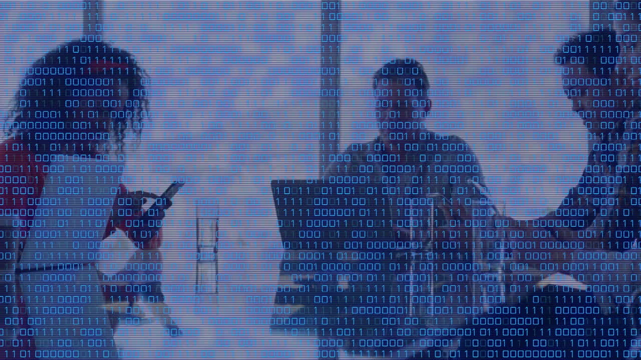 Animation of data processing over diverse business people using tablet