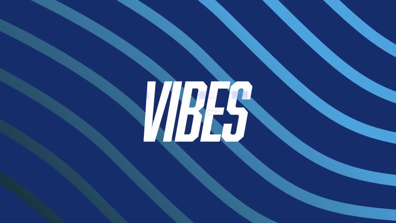 Animation af teksten 'vibes' i hvid over blå buede striber på blå baggrund