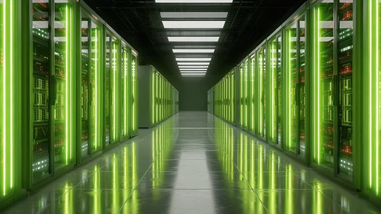 A Modern Data Center's Interior View Showcasing Rows of Brightly Illuminated Green Servers and Reflective Flooring in a High-Tech Environment