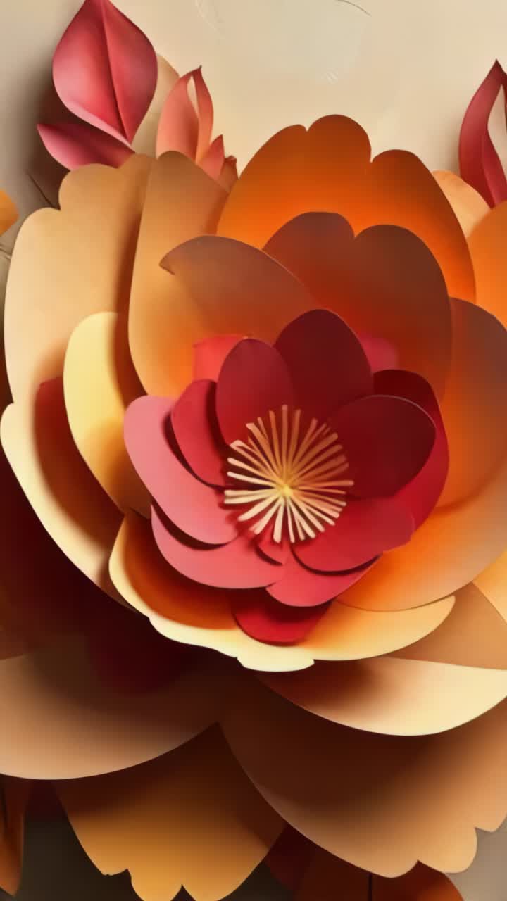 Vertical video: Playing five frames showing multilayered flower on beige canvas with yellow stamen