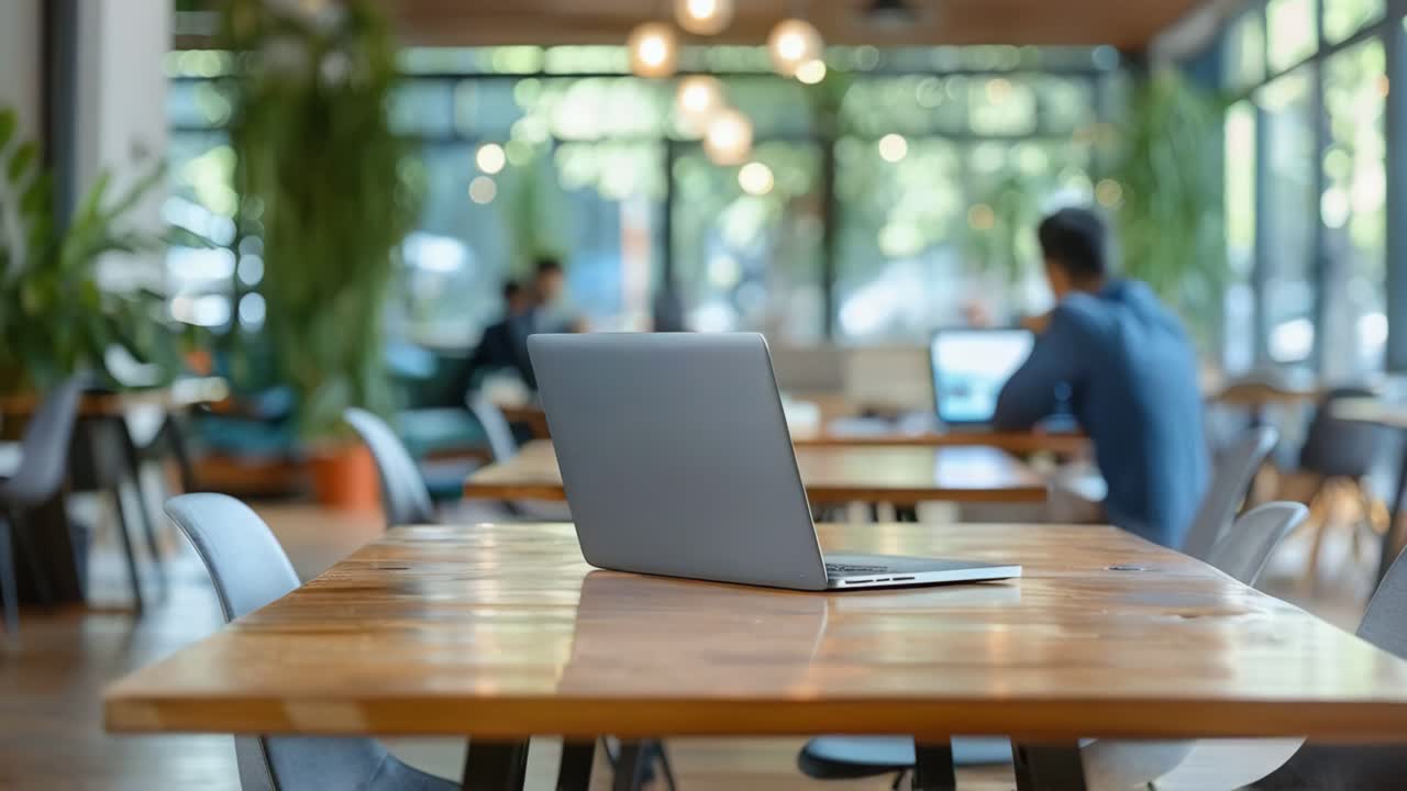 Laptop on a wooden desk in a coworking space