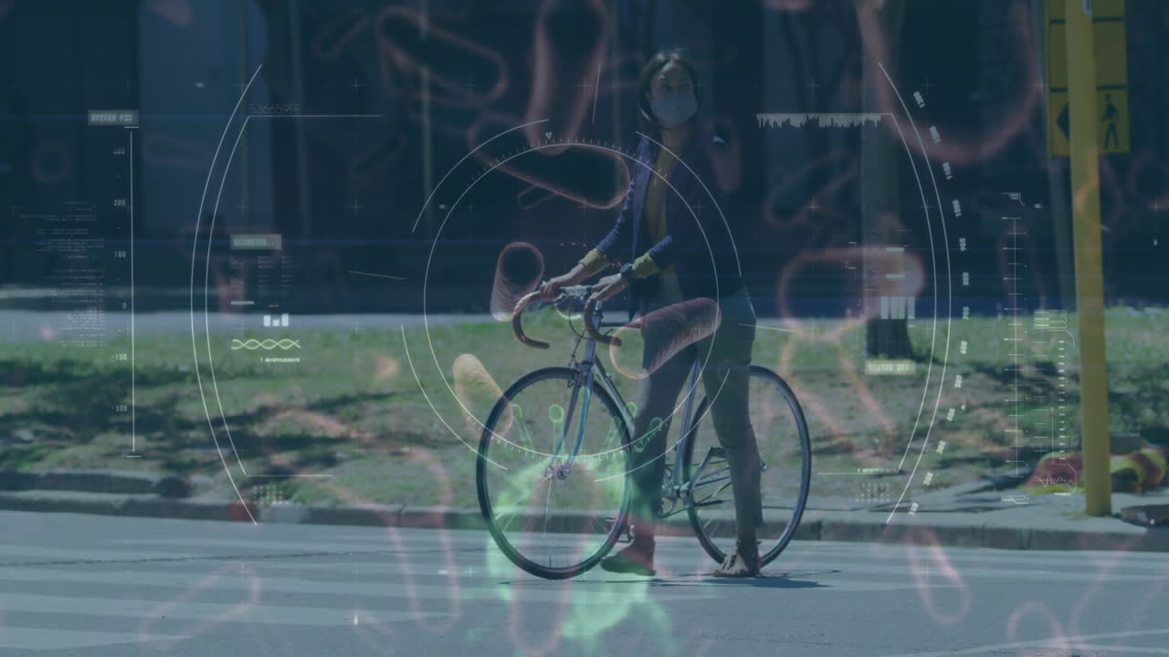 Animation of covid 19 cell and scope scanning over woman walking with bike in city