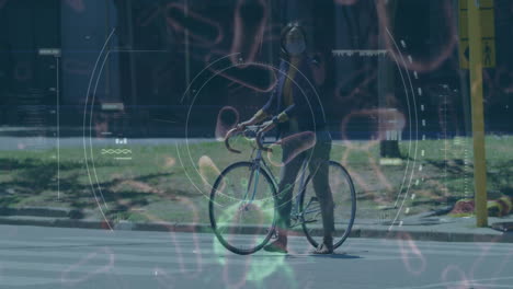 animación de la célula de covid 19 y escaneo de alcance sobre una mujer caminando en bicicleta en la ciudad