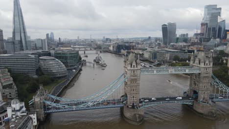 Approach-to-The-Shard-from-Tower-Bridge,-over-the-Thames-River