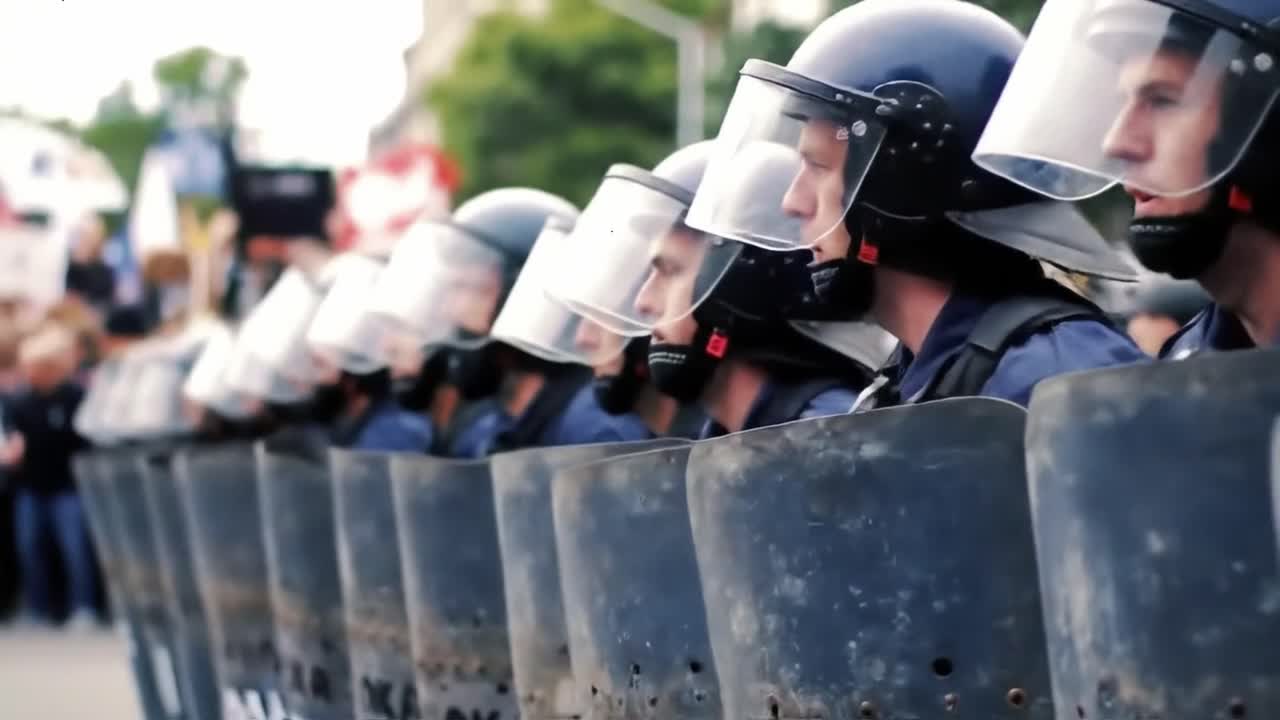 A large protest unfolds in the city as demonstrators gather to voice their opinions. Law enforcement in riot gear lines the streets, ensuring public safety amidst rising tensions.