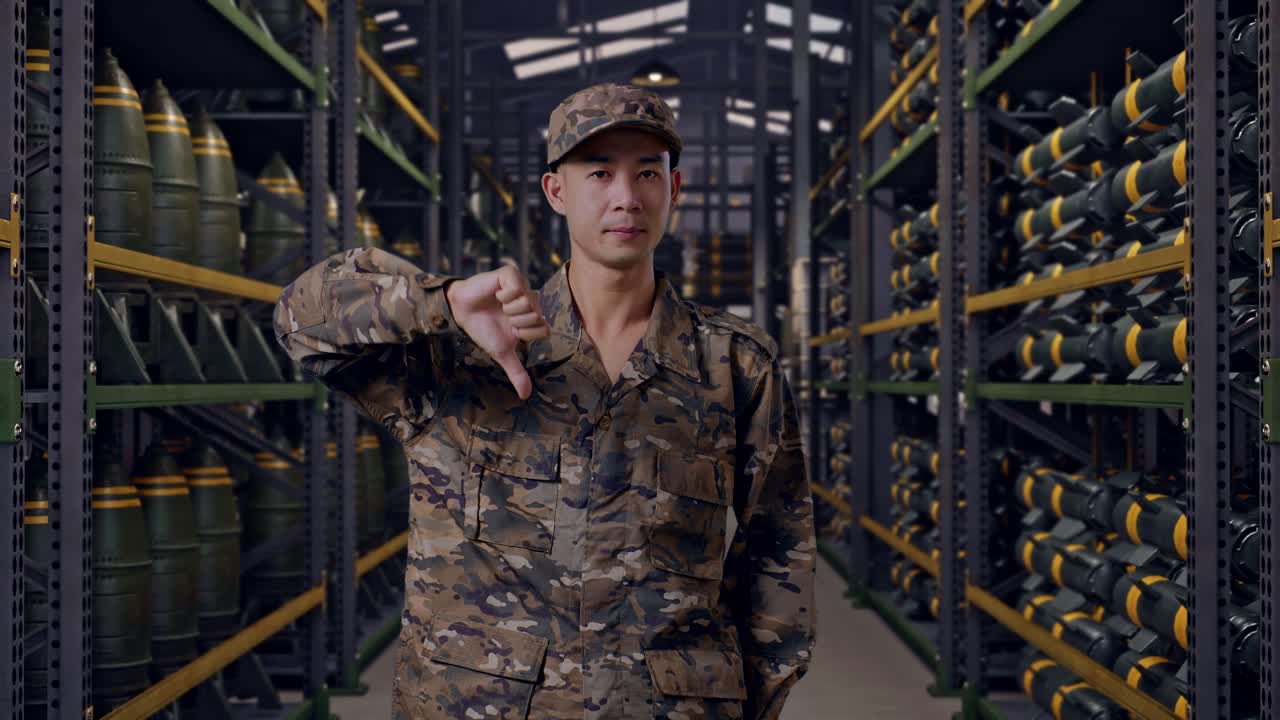 Asiatischer Soldat zeigt der Kamera den Daumen nach unten, während er in einem Militär-Munitionslager steht