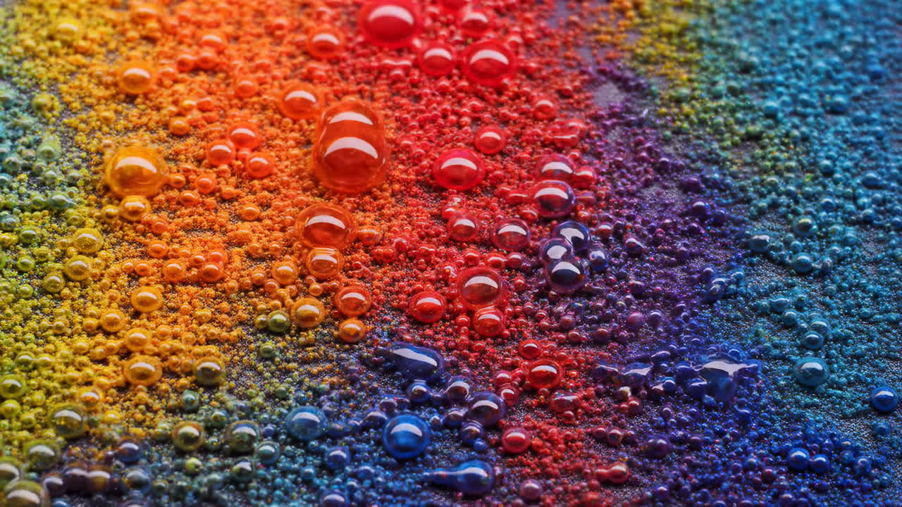 Surface de poudre vibrante avec gouttelettes d'eau, gros plan de granules de pigments colorés avec perles brillantes, saturé