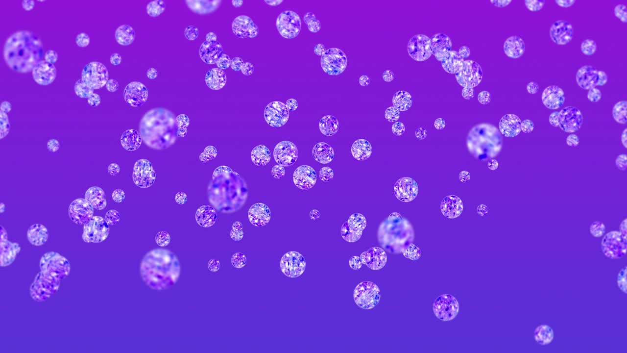보라색 배경에 많은 은 크리스탈 구를 날아. 투명, 다채로운 유리. 반이는 공 회전의 3d 애니메이션. 루프 애니메이션.