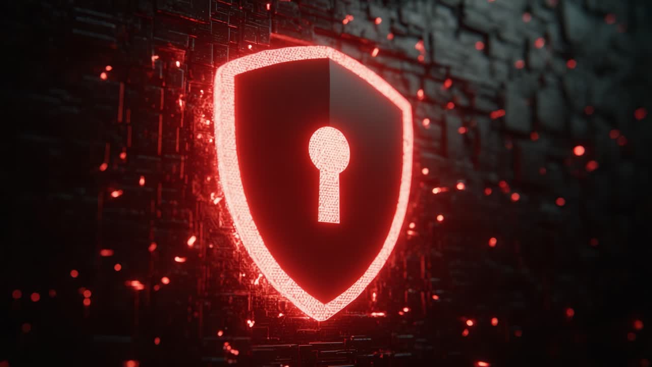 A Vibrant Red Shield with a Keyhole Symbolizing Cybersecurity, Protection, and Digital Defense Against Threats in a Futuristic Tech Environment