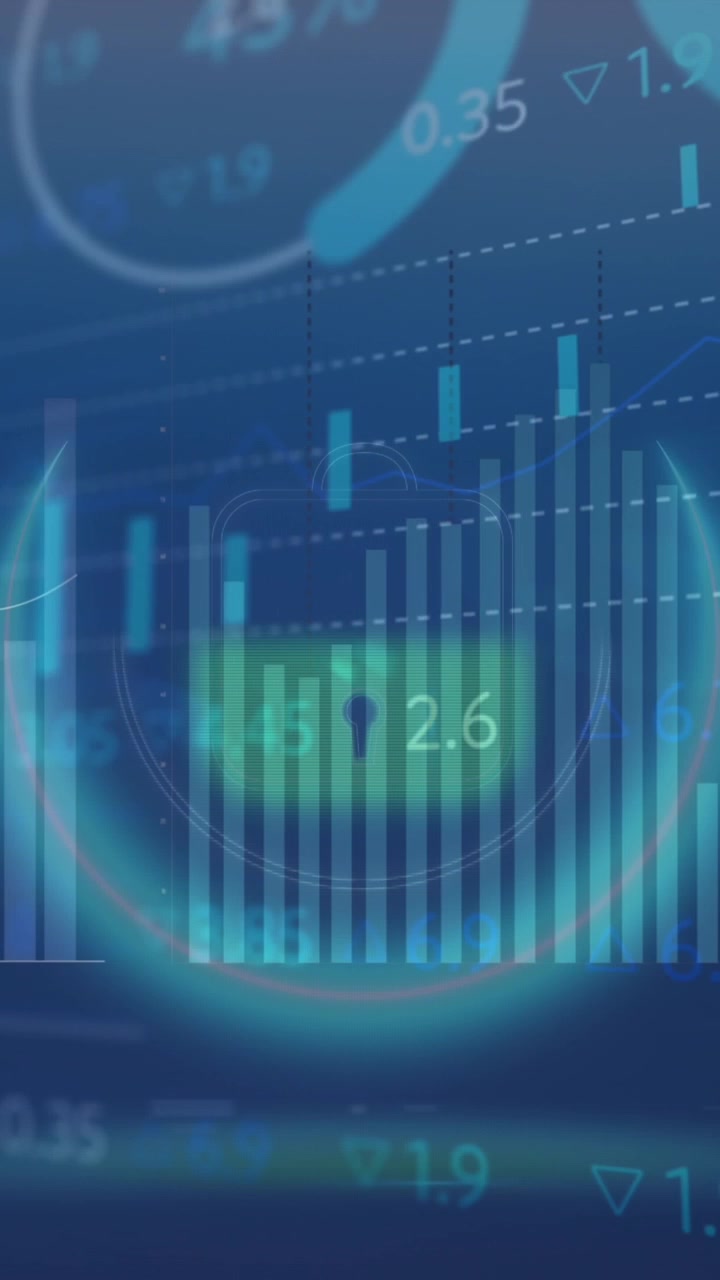 Animazione di elaborazione dati statistici su icona di pulsante batteria illuminato su sfondo blu.