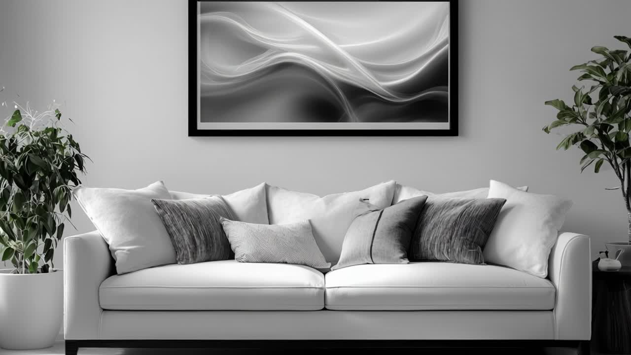 En moderne stue med en stilfuld hvid sofa omgivet af pyntepuder, indrammet kunst og elegante stueplanter for en chik atmosfære