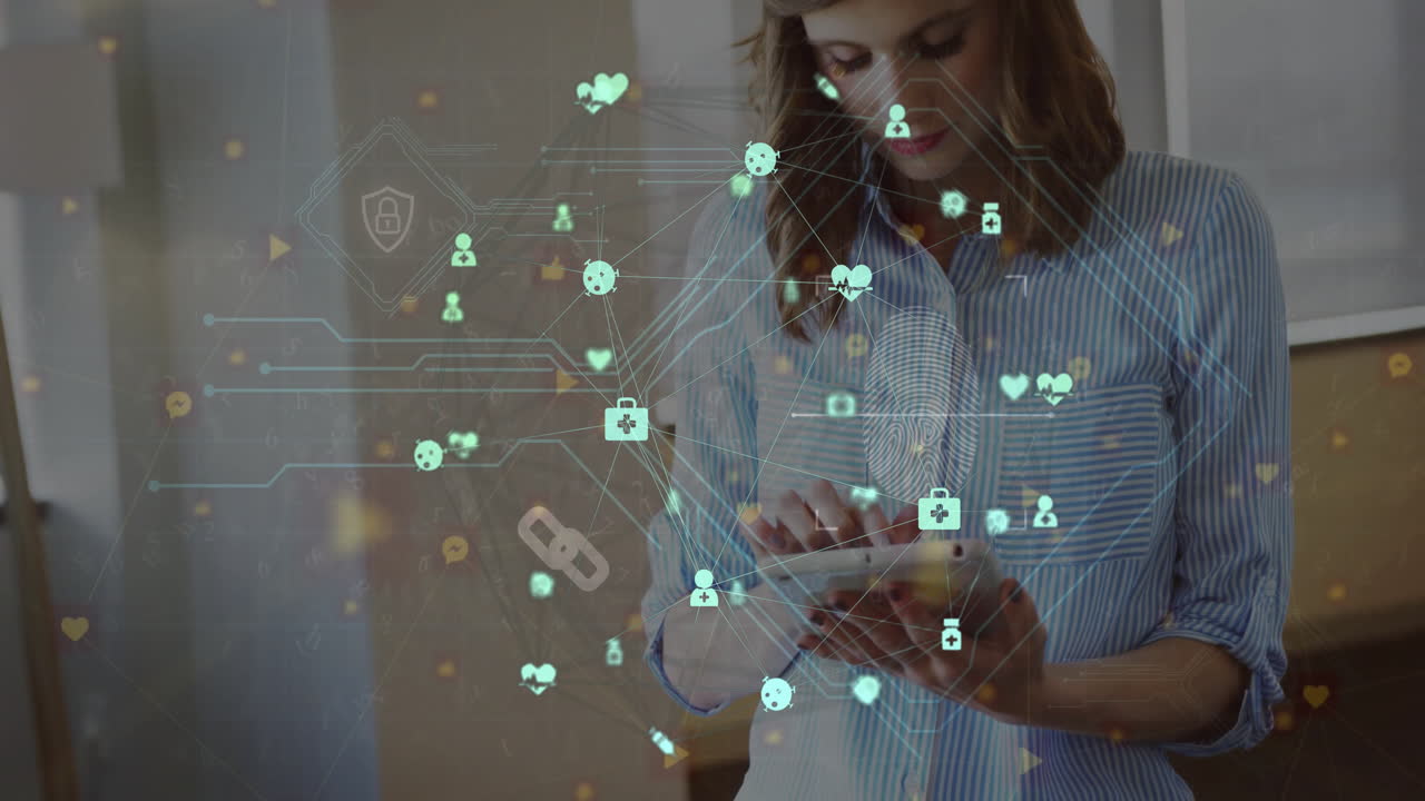 animación de una red de conexiones con iconos sobre una mujer de negocios caucásica que usa una tableta
