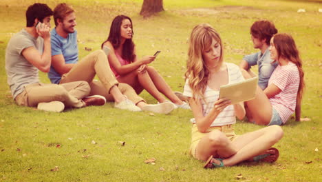 Hübsche-Blondine-Mit-Tablet-Im-Park-Mit-Freunden-Hinter