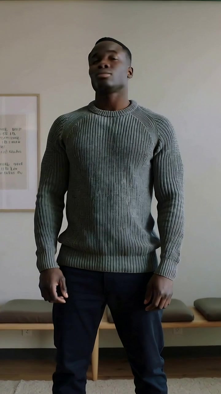 Video verticale: Clip iniziale, uomo che indossa un maglione grigio gira la testa verso una parete con panca e stampa