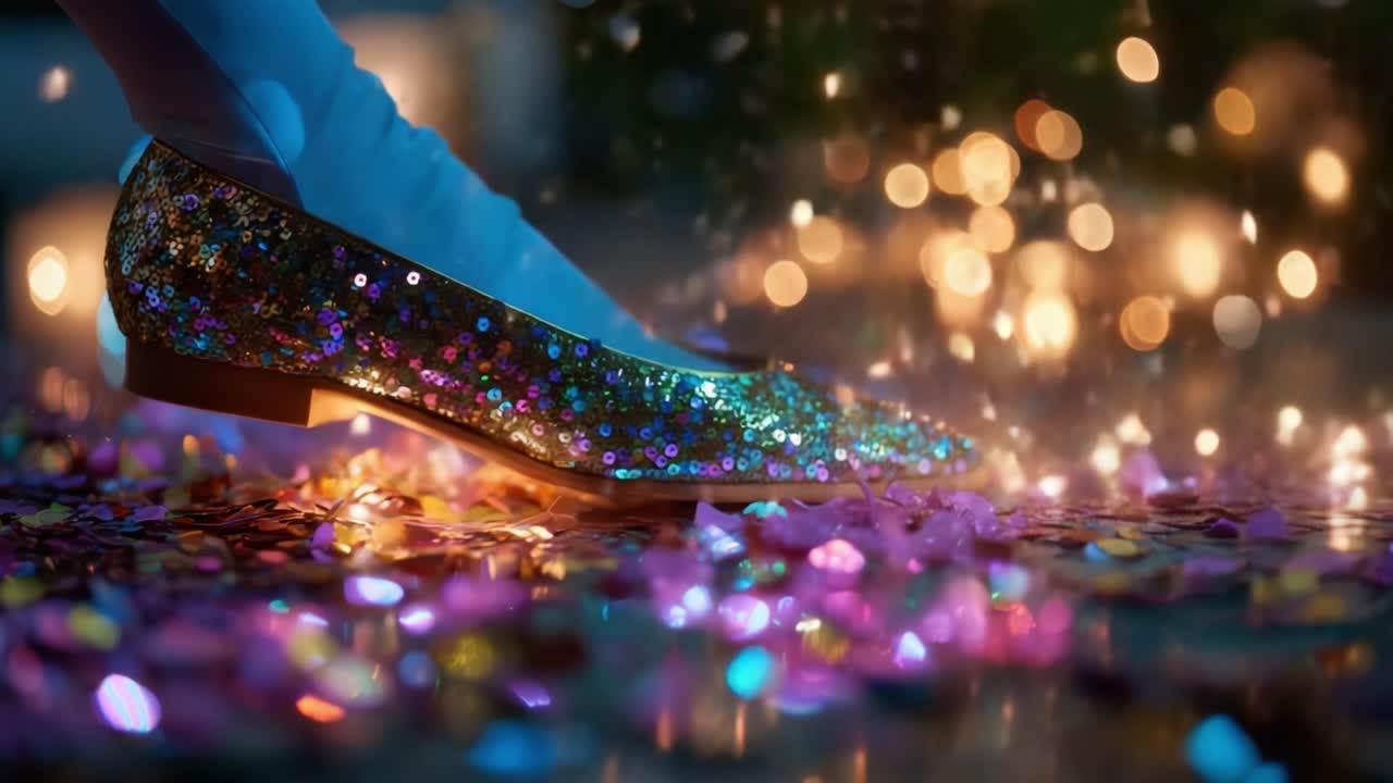 A Sparkling Journey: Captivating Glimmer from Elegant Glittering Shoe That Dances Amidst a Colorful Scatter of Glimmering Confetti and Enchanting Bokeh Lights in a Dreamy Atmosphere