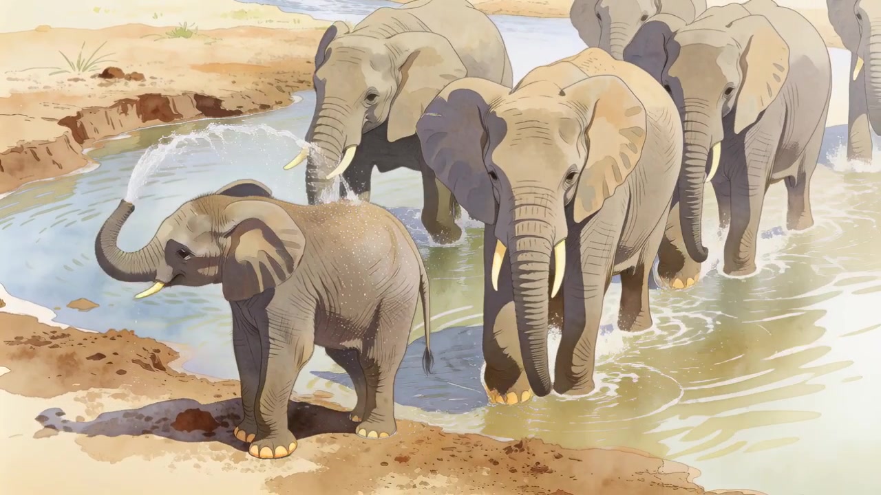 Anak gajah menyemprotkan air memimpin kawanan melewati kolam dangkal, belalai menyemprotkan air, mencari tepian pasir.