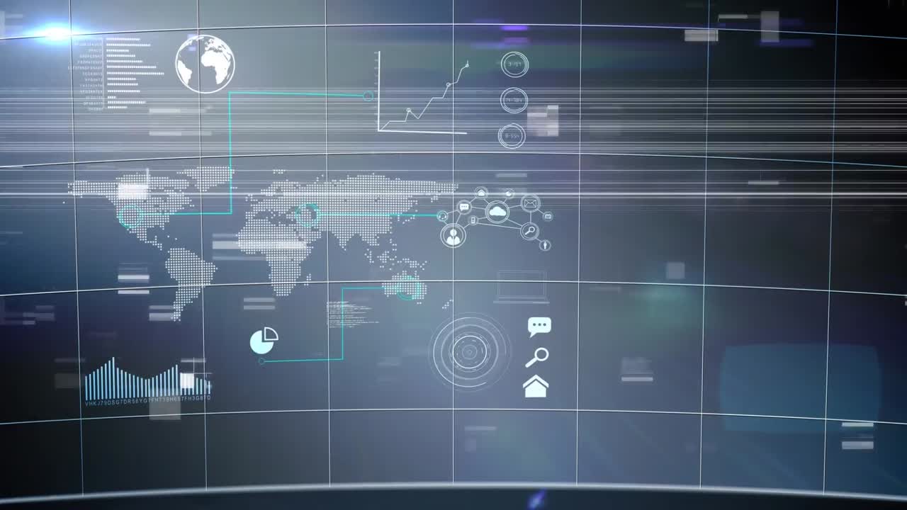 Animation af glitch over blå skærm med data og verdenskort