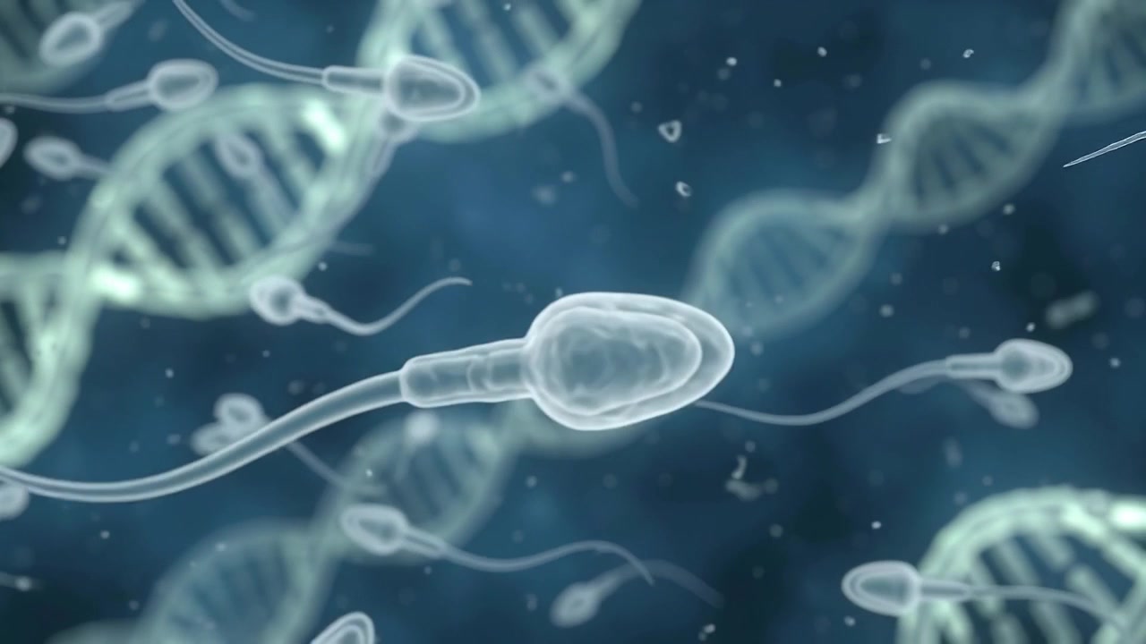 Espermatozoides nadando hacia cadenas de ADN en vista microscópica