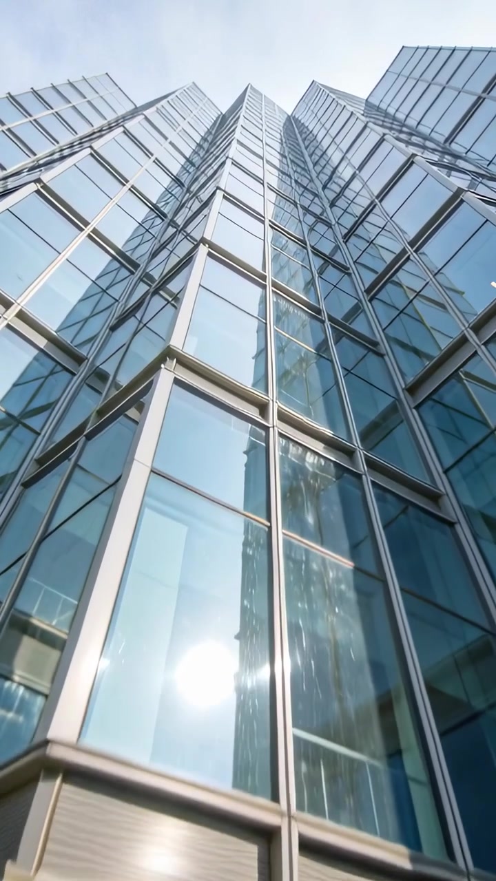 Vídeo vertical: Operador de câmera inclinando no meio-fio revelando a altura, mostrando painéis de vidro e montantes