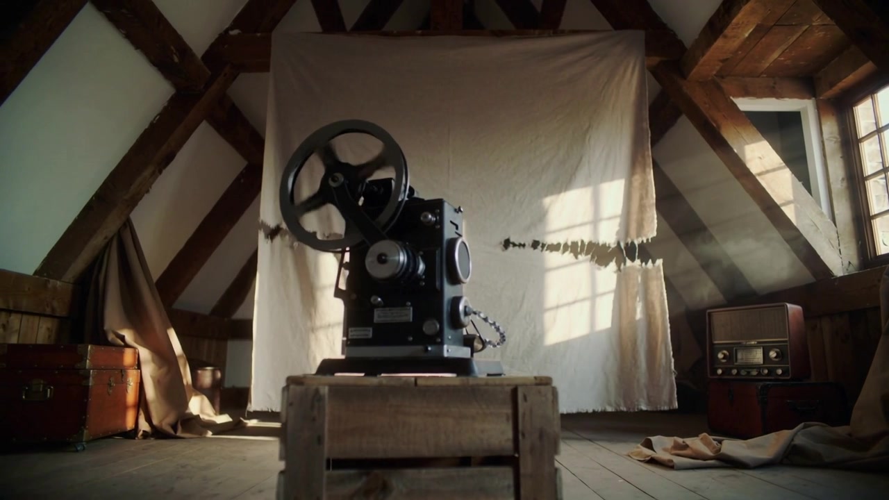 Motore che gira azionando la bobina di un proiettore cinematografico antico in una mansarda, proiettando su un telo bianco.