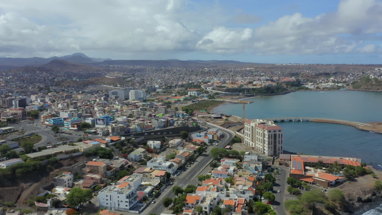 Aerial wide view of Praia coastal cityscape in Santiago Island, Cape Verde