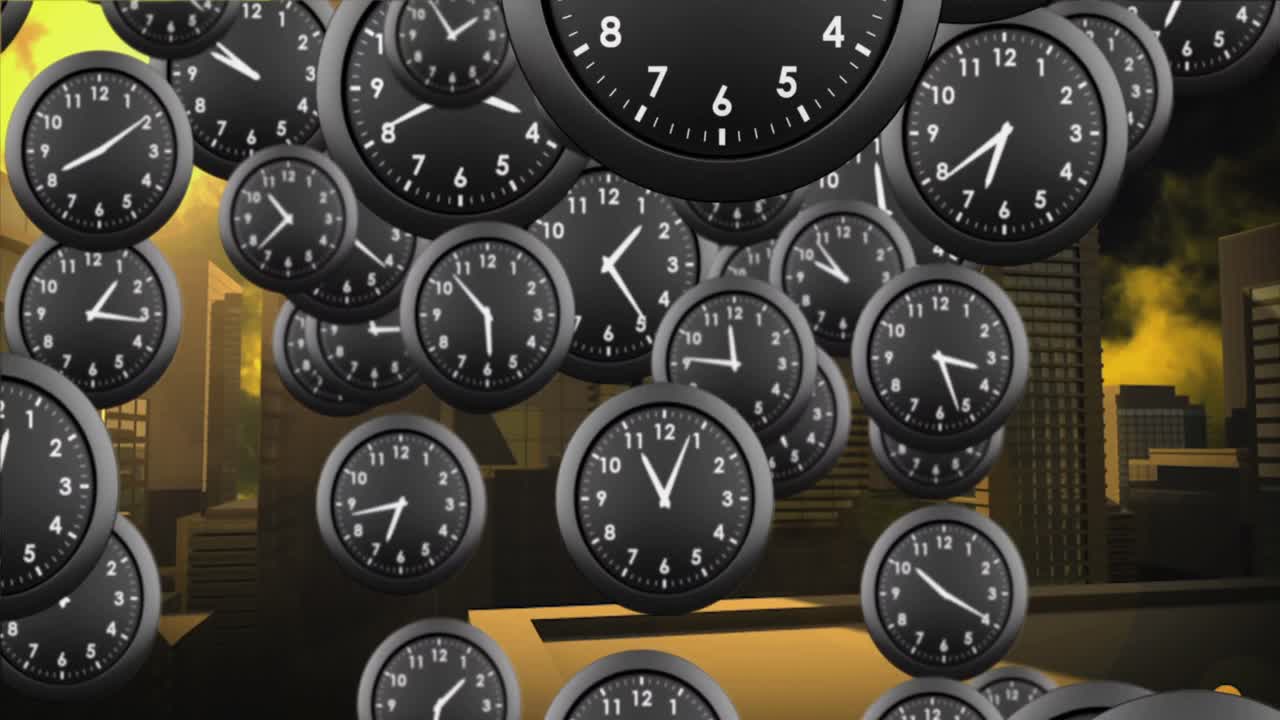 Animation of clocks moving over cityscape