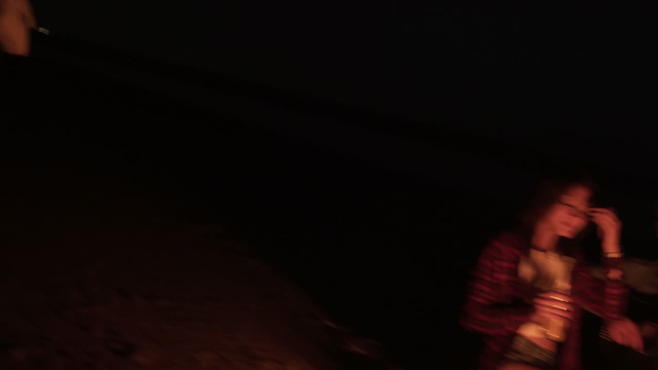 vista frontal de dos parejas están pasando el tiempo juntos en la playa cerca de la hoguera. cantando canciones, tocando la guitarra, bebiendo, riendo. imágenes sacudiendo
