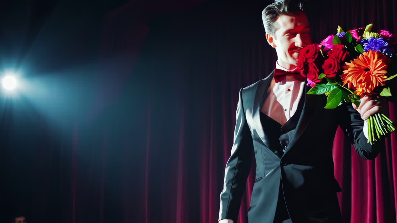 Man in Tuxedo on Stage with Flowers
