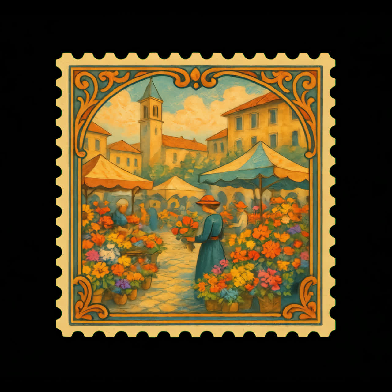 Charming vintage market scene animation isolated asset, transparent 4K video, alpha channel, ProRes