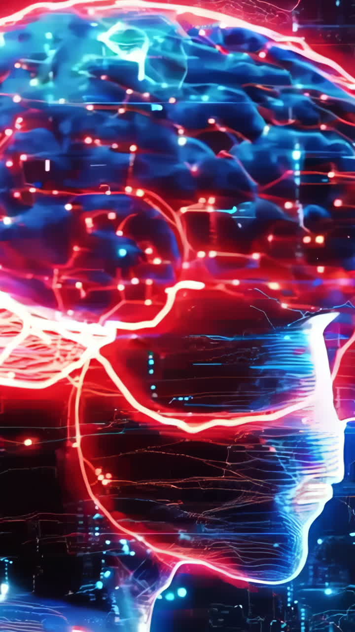 A woman's head is surrounded by a glowing, colorful, and abstract pattern. Concept of wonder and curiosity about the brain and its functions